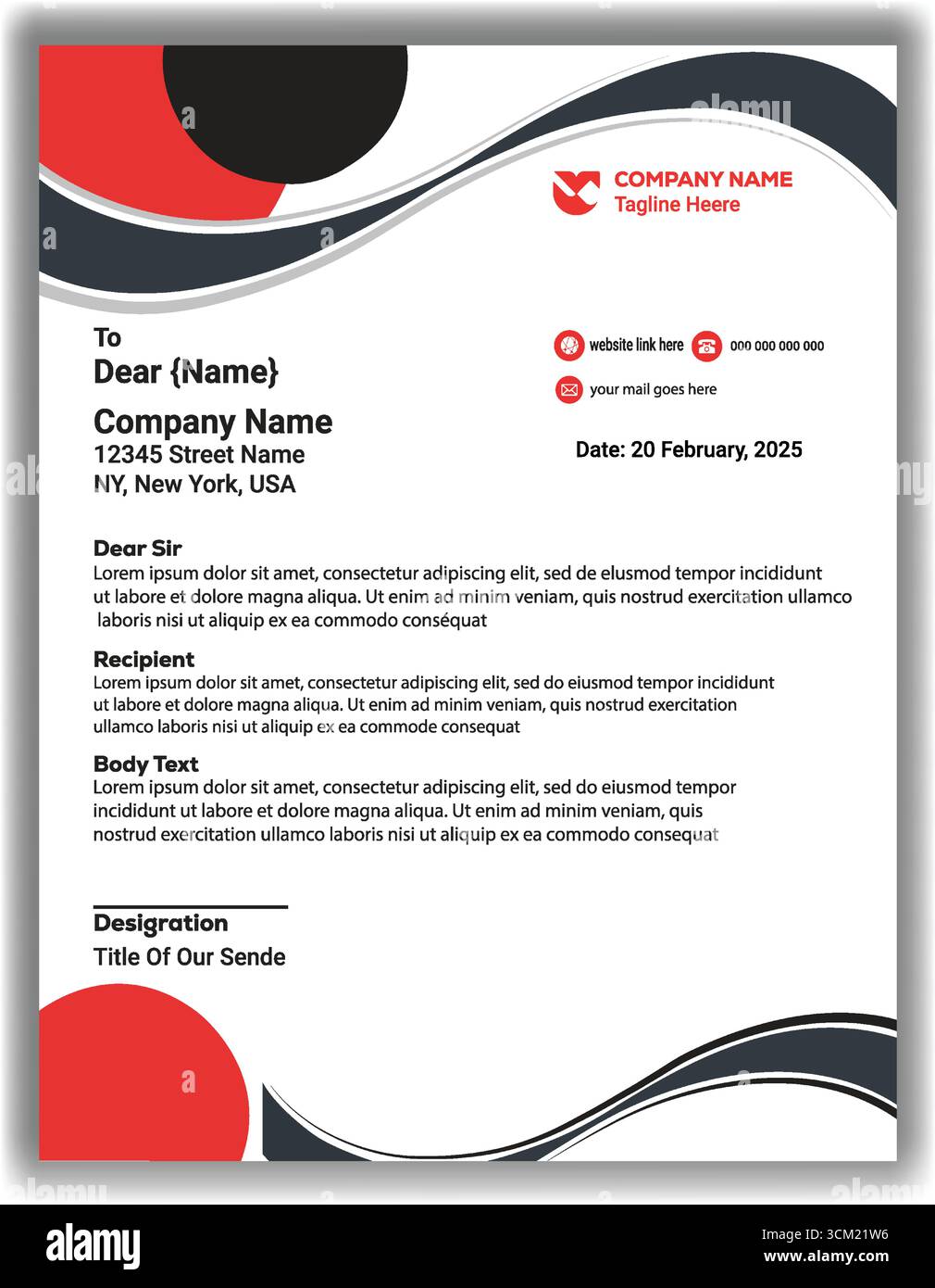 Clean Modern Letterhead Template | professionelles Business Document Design im Vektor-Layout von Rot, Schwarz und weiß Stock Vektor