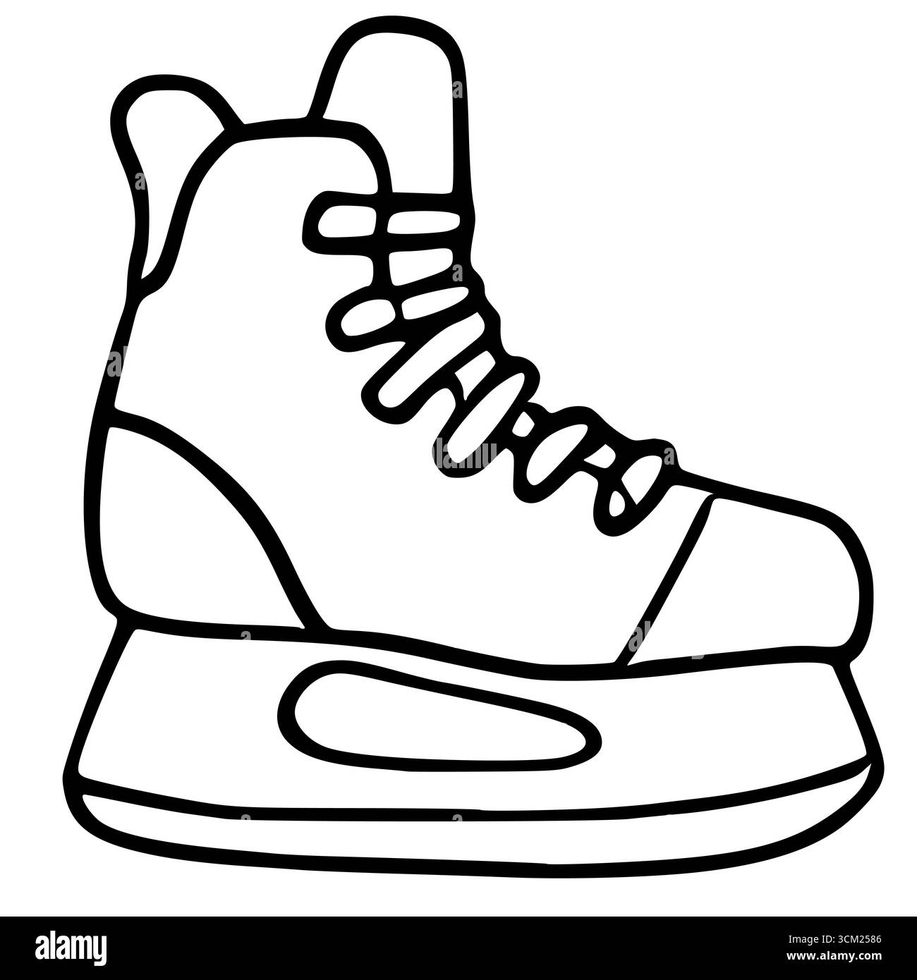 Eine Vektor-Illustration eines einzelnen Eishockeyskates, dargestellt in einem einfachen, auffälligen schwarzen Stil vor weißem Hintergrund, der die Schnürung zeigt Stock Vektor