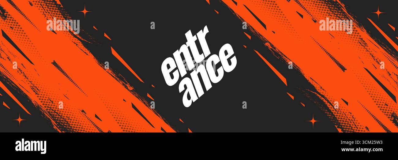 Abstrakter und dynamischer Sport-Hintergrund mit orangefarbenen Pinselstrichen mit Grunge-Texturen auf dunklem Hintergrund. Für Turnier, Sport, Rennen Stock Vektor