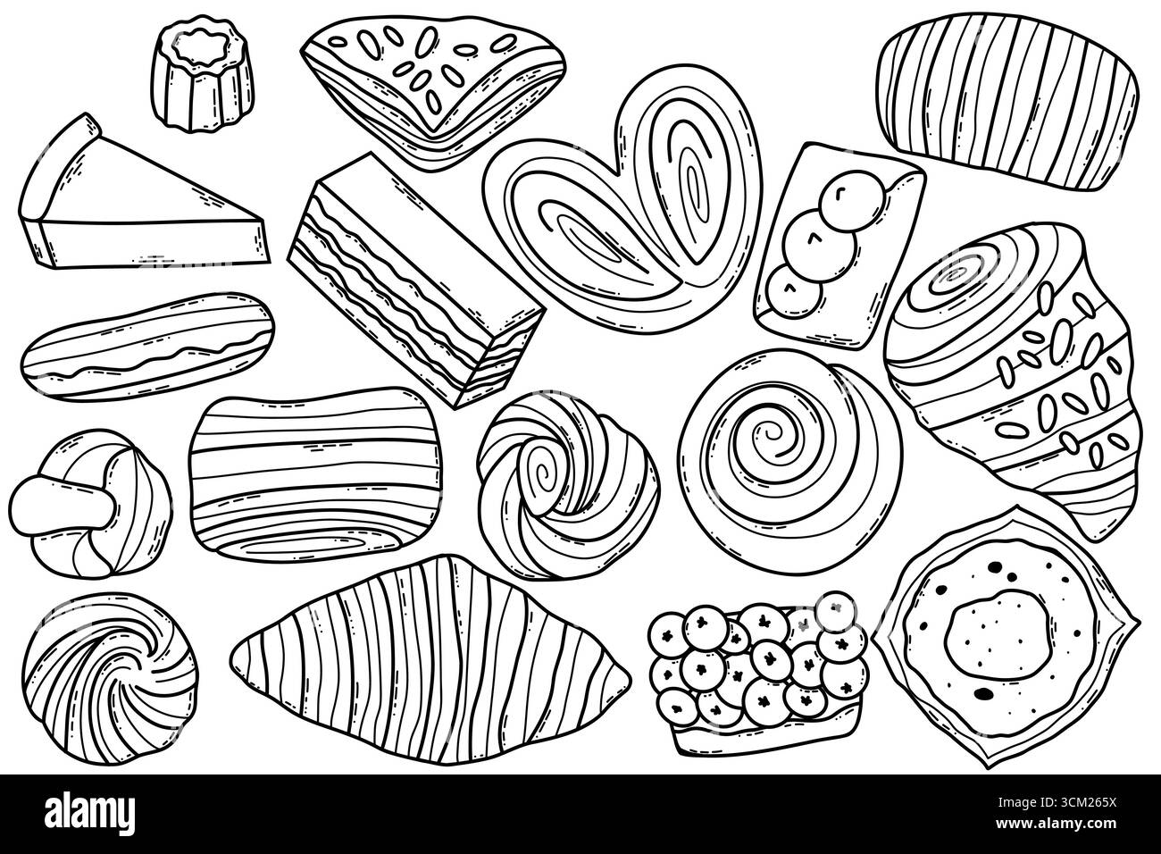 Verschiedene Illustrationen aus Gebäck mit Backwaren im handgezeichneten Stil Stock Vektor