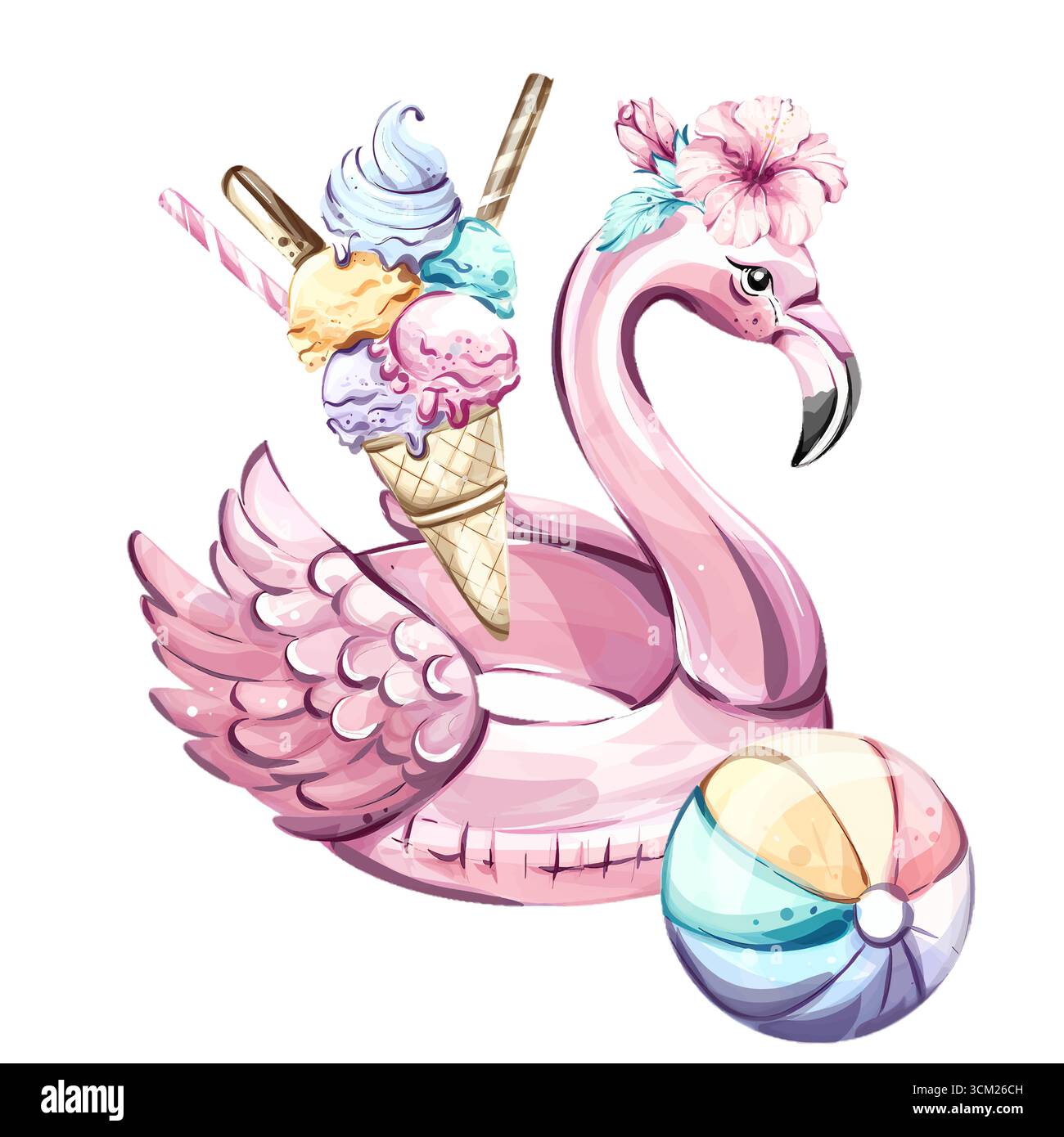 Genießen Sie einen sonnigen Tag am Strand mit einem verspielten Flamingoschwimmer, der mit Eis und einem pulsierenden Strandball geschmückt ist, der Gedanken an Sommerspaß und einlädt Stock Vektor