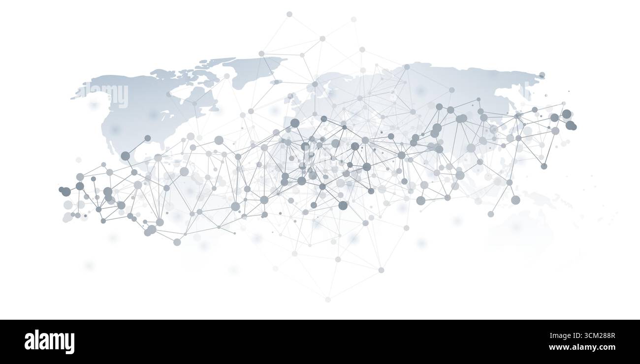 Eine stilisierte schwarz-weiße Weltkarte mit einem Gitter aus polygonalen Netzwerkverbindungen, Knoten, die durch Linien verbunden sind, symbolisieren die globale Kommunikation Stock Vektor