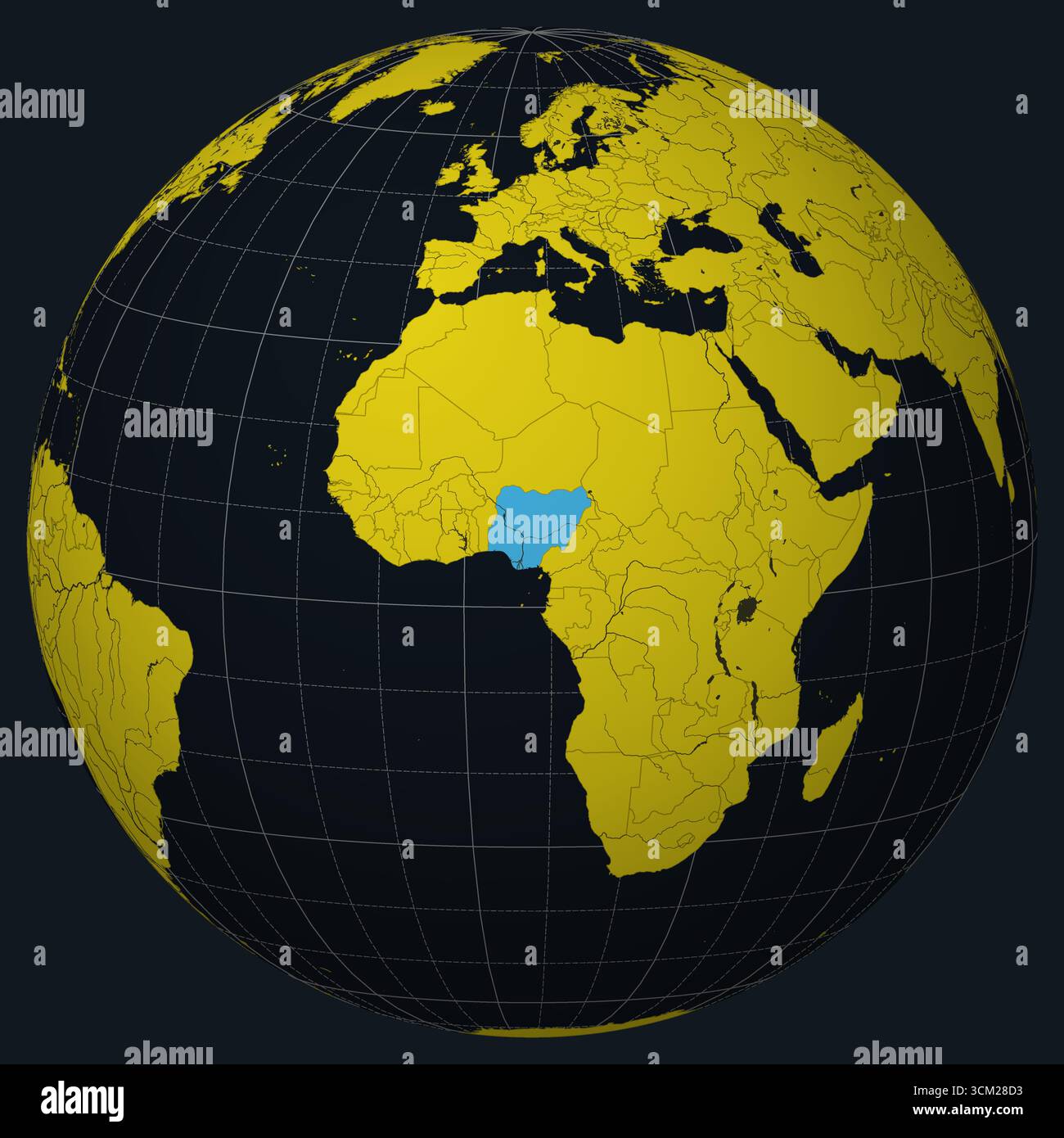 Bundesrepublik Nigeria auf Globe. Landansicht auf der Weltkarte in der Farbpalette Anthrazit Hellgelb. Nigeria-Form auf der Karte. Stock Vektor