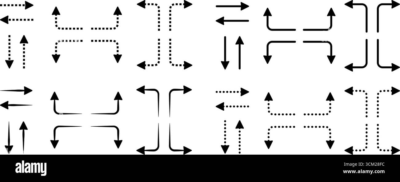 Schwarz gepunktete und gestrichelte Pfeilsätze, verschiedene monochrome Vektorumrisse Navigationsschilder. Lineare Symbole für die Richtung nach oben, unten, rechts und links. Vorwärts, BA Stock Vektor