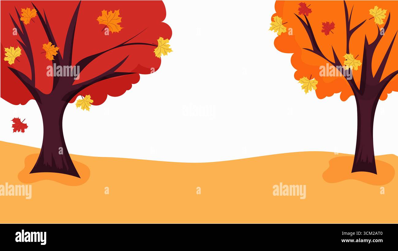 Herbstlandschaft mit gelbem Grund, orange und rote Bäume mit herabfallenden Blättern. Vektorhintergrund für saisonale Designs Stock Vektor