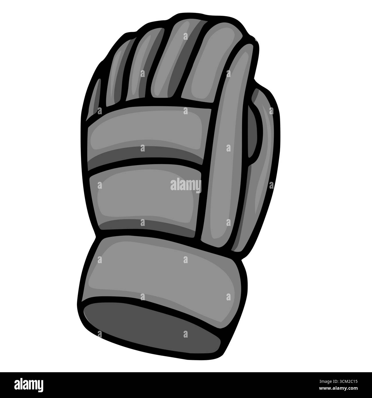 Eine Vektorillustration eines Graustufen-Hockey-Torwarthandschuhs mit detaillierten Nähten und Polsterung, präsentiert in einer dynamischen Dreiviertelansicht Stock Vektor