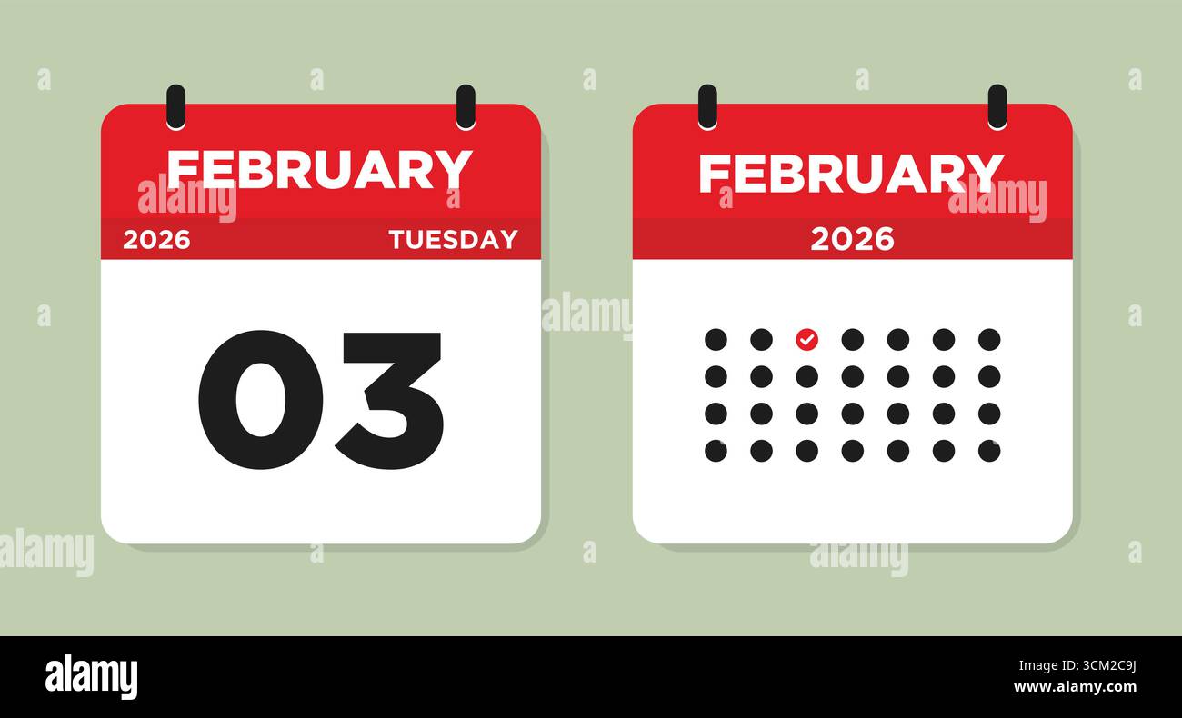 Februar 2026 Vektor-Illustration Für Dienstag-Kalenderseite. Kalenderseite vom 3. Februar. Tageskalender mit Datum 3. Februar. Die Woche beginnt am Sonntag. Stock Vektor