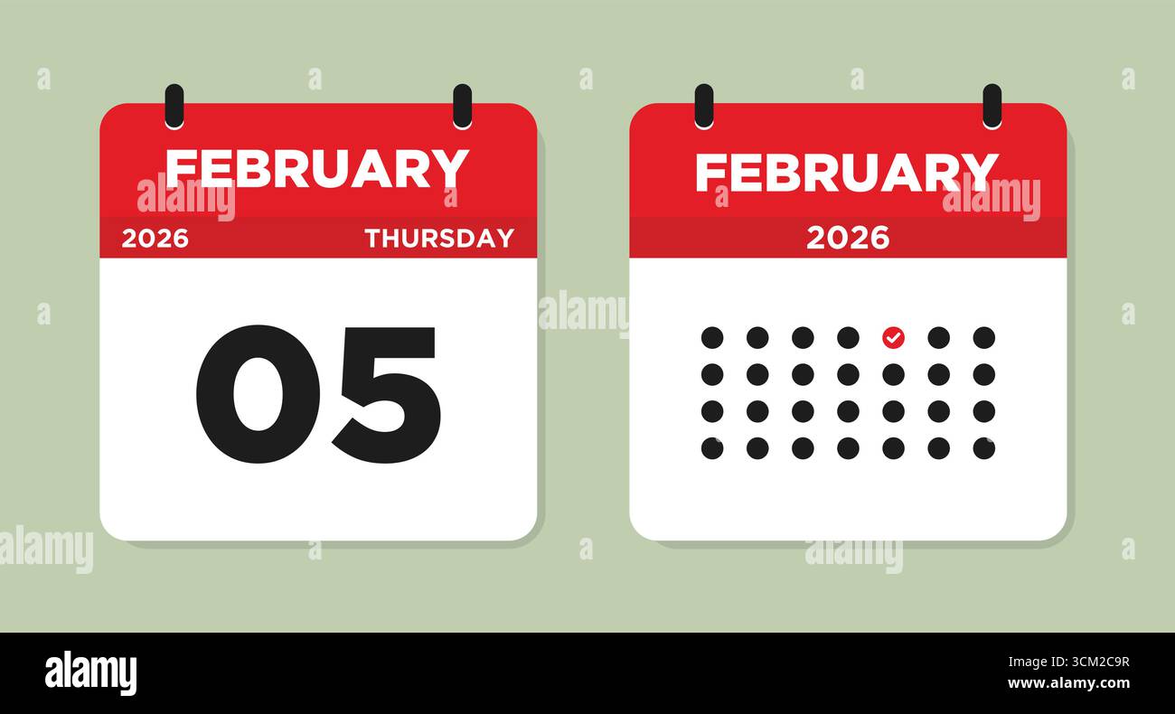 Februar 2026 Donnerstag Kalenderseite Vektor-Illustration. Kalenderseite für den 5. Februar. Tageskalender mit Datum 5. Februar. Die Woche beginnt am Sonntag. Stock Vektor