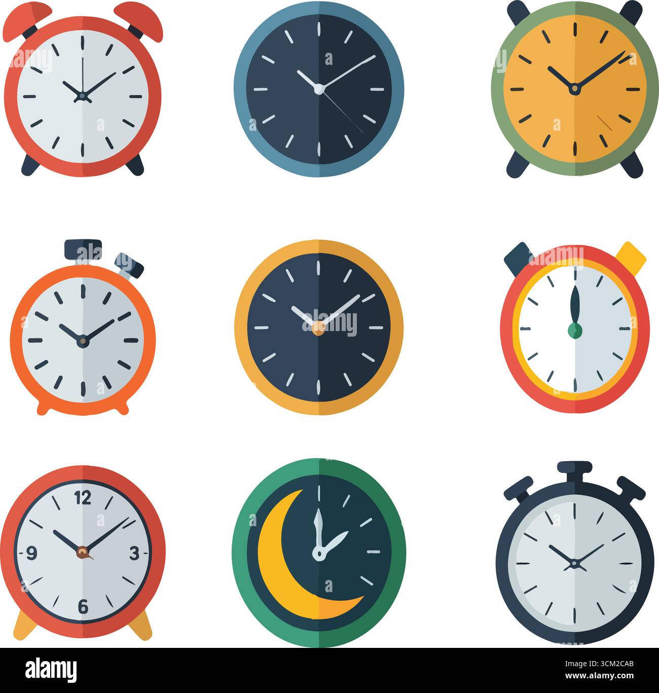 Flache Uhr und Wecksymbol in farbenfrohen Abbildungen Stock Vektor