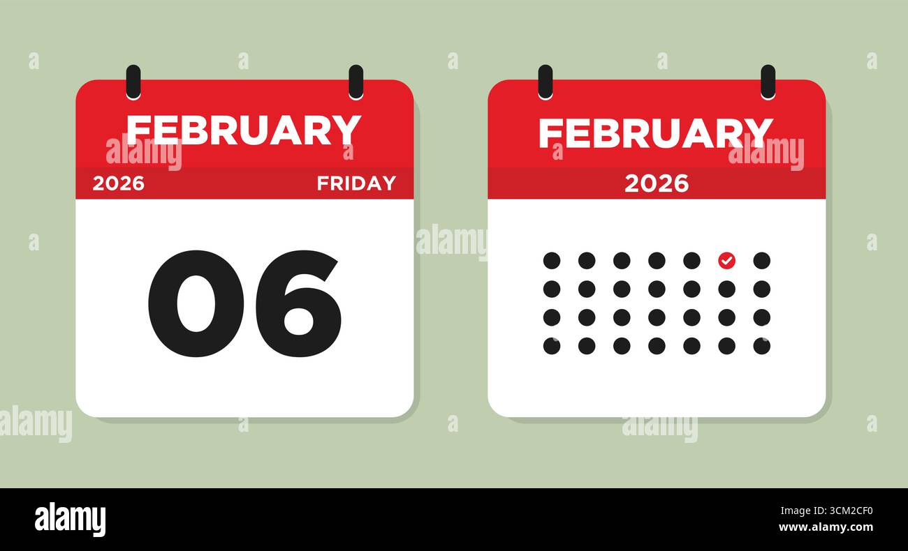 Februar 2026 Freitag Kalenderseite Vektor-Illustration. Kalenderseite für den 6. Februar. Tageskalender mit Datum 6. Februar. Die Woche beginnt am Sonntag. Stock Vektor
