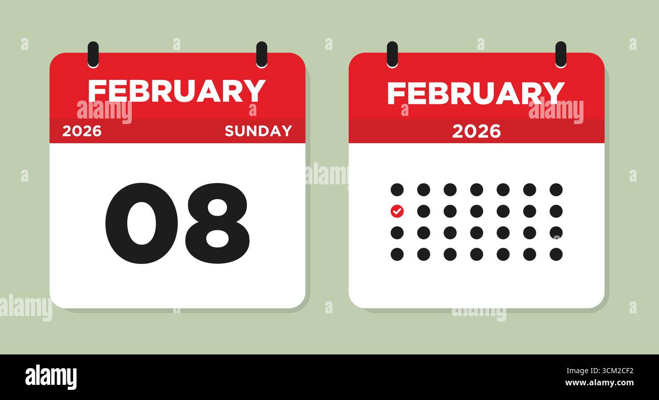 Februar 2026 Sonntagskalender Seite Vektor-Illustration. Kalenderseite 8. Februar. Tageskalender mit Datum 8. Februar. Die Woche beginnt am Sonntag. Stock Vektor