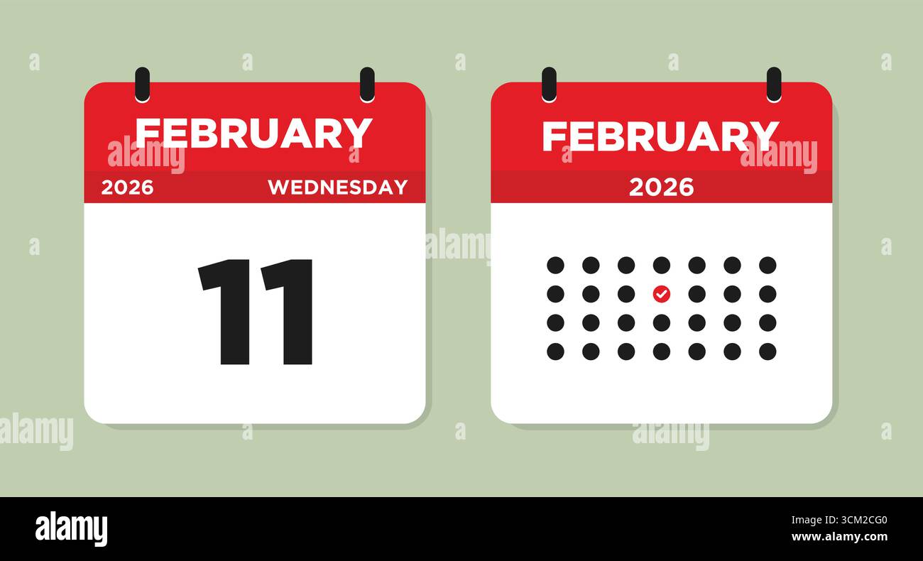 Februar 11 2026 Mittwoch Kalenderseite Vektor-Illustration. Kalenderseite 11. Februar. Tageskalender mit Datum 11. Februar. Die Woche beginnt am Sonntag. Stock Vektor