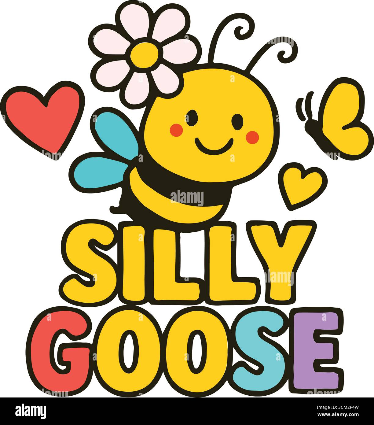 Silly Bee with Hearts & Flowers – skurriler Aufkleber mit Cartoon Vibes Stock Vektor