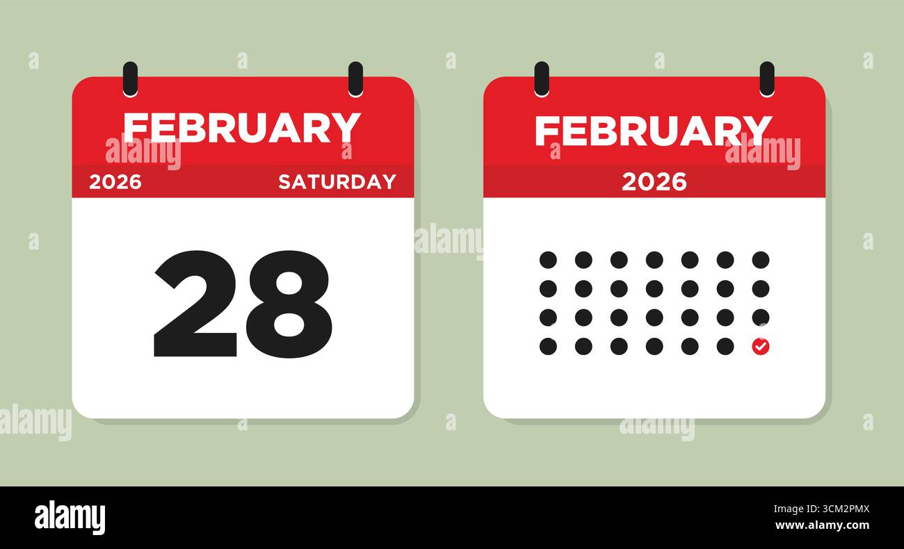 Februar 2026 Samstag Kalenderseite Vektor-Illustration. Kalenderseite vom 28. Februar. Die Woche beginnt am Sonntag. Vorlage Für Monatlichen Planer Für Flache Konstruktion Stock Vektor