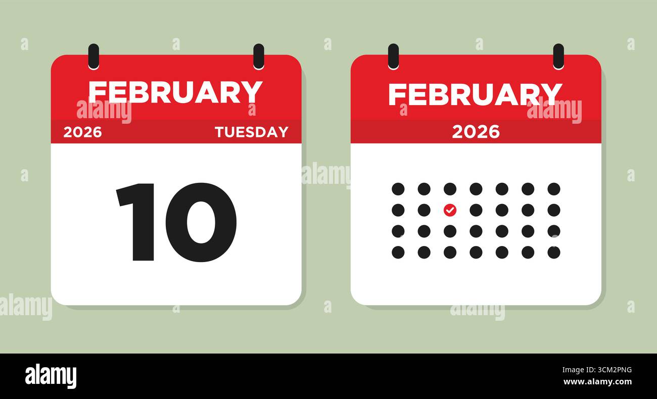 Februar 2026 Dienstag Kalenderseite Vektor-Illustration. Kalenderseite für den 10. Februar. Tageskalender mit Datum vom 10. Februar. Die Woche beginnt am Sonntag. Stock Vektor