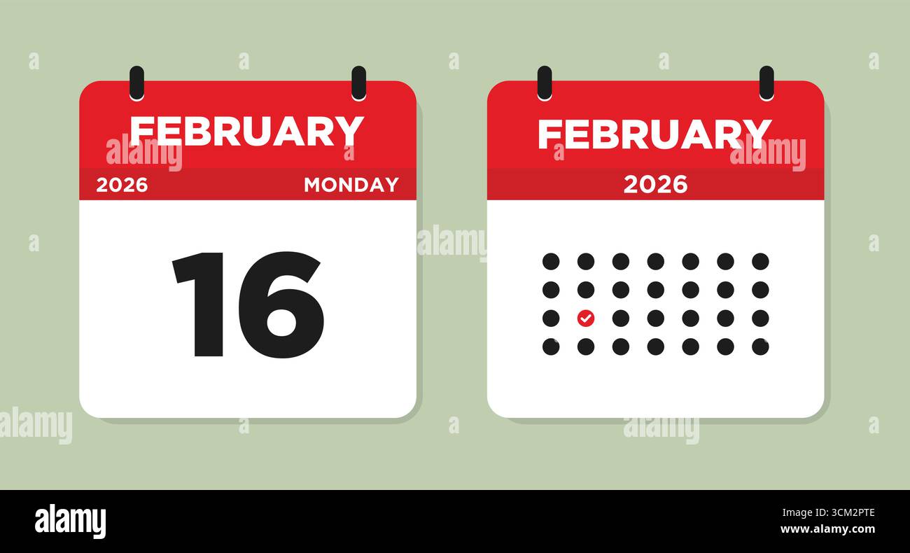 Februar 16 2026 Montag Kalenderseite Vektor-Illustration. Kalenderseite vom 16. Februar. Tageskalender mit Datum 16. Februar. Die Woche beginnt am Sonntag. Stock Vektor