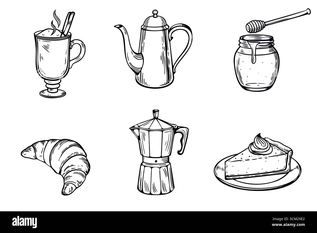 Eine Sammlung von handgefertigten Frühstücksartikeln, darunter eine Tasse Kaffee, Teekanne, Honigglas, Croissant, Mokakanne, und ein Stück Käsekuchen. Stock Vektor