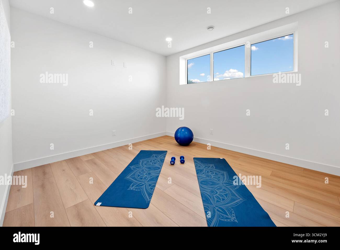 Yoga-Raum mit blauer Matte und blauem Ball. Das Zimmer ist leer und hat eine ruhige und friedliche Atmosphäre Stockfoto