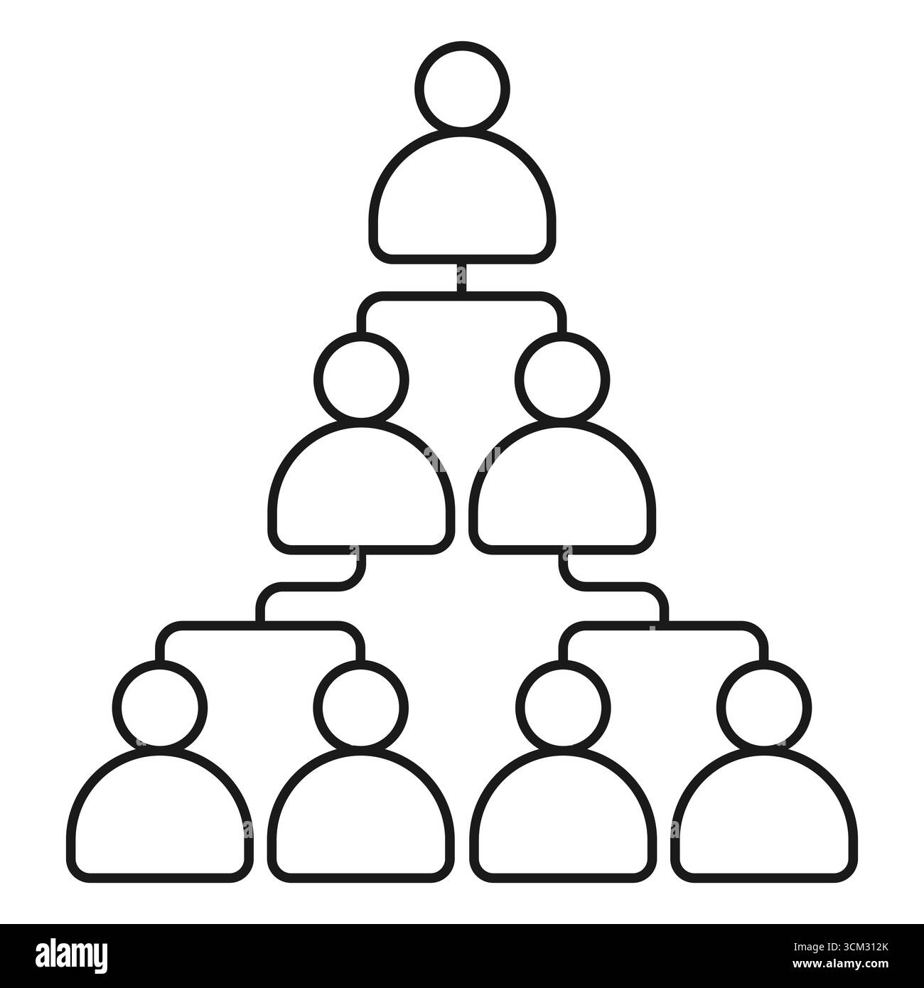 Minimales Strichbildsymbol, das ein Diagramm der Geschäftshierarchie mit Führungskräften und Teammitgliedern darstellt. Diagramm der Geschäftshierarchie. Struktur des Unternehmensteams. Pyramidenführungskonzept. Diagramm der Organisationsstruktur. Managementebenen des Unternehmens Stock Vektor
