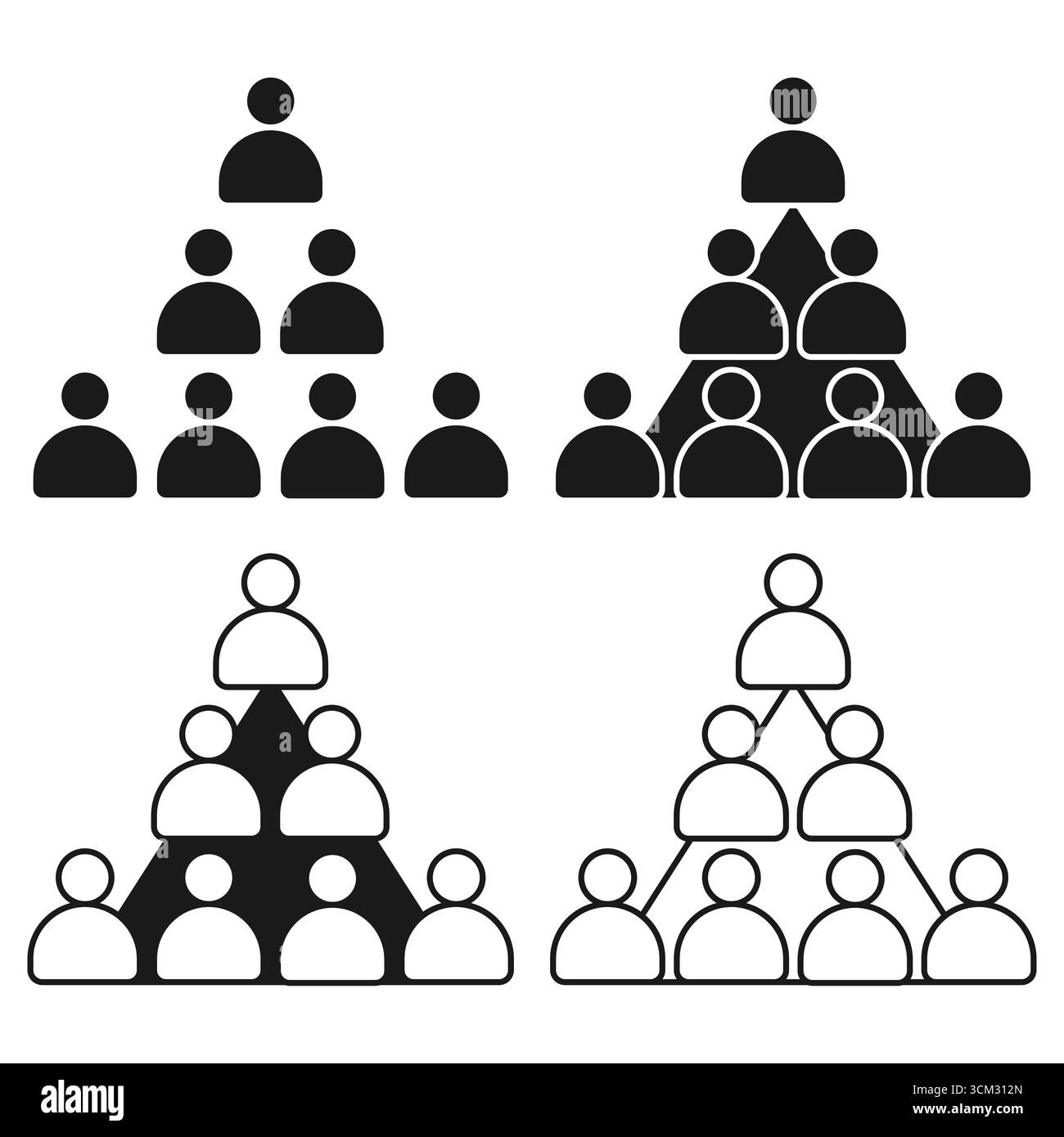 Pyramidenförmige Schwarzweiß-Symbole, die Personen in einer hierarchischen Anordnung für Geschäfts-, Management- und Teamwork-Konzepte darstellen. Diagramm der Geschäftshierarchie. Struktur des Unternehmensteams. Pyramidenführungskonzept. Diagramm der Organisationsstruktur. Managementebenen des Unternehmens Stock Vektor