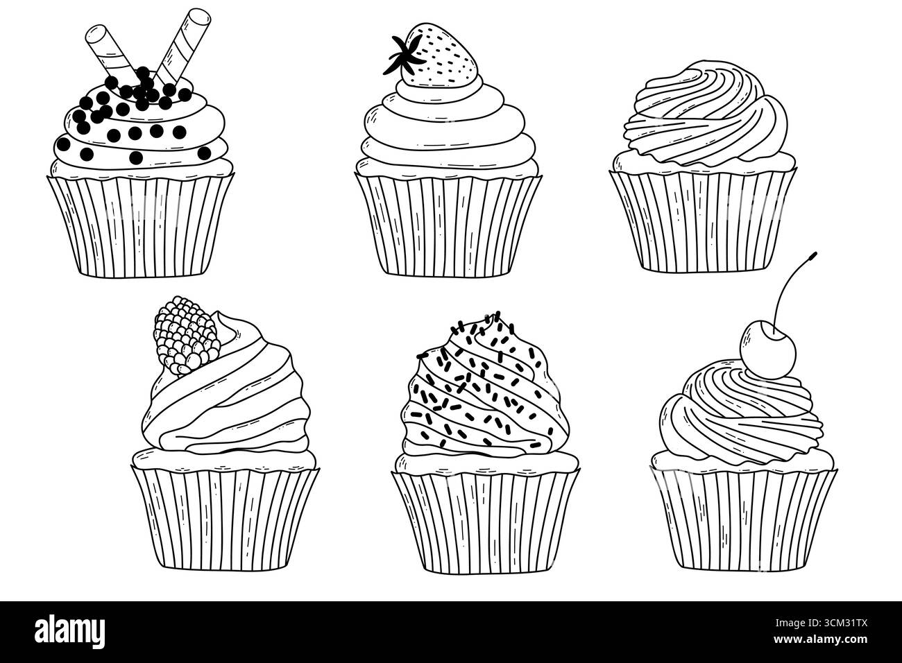 Detaillierte Linienkunst von Cupcakes mit verschiedenen Belägen in Schwarz-weiß-Kontur Stock Vektor