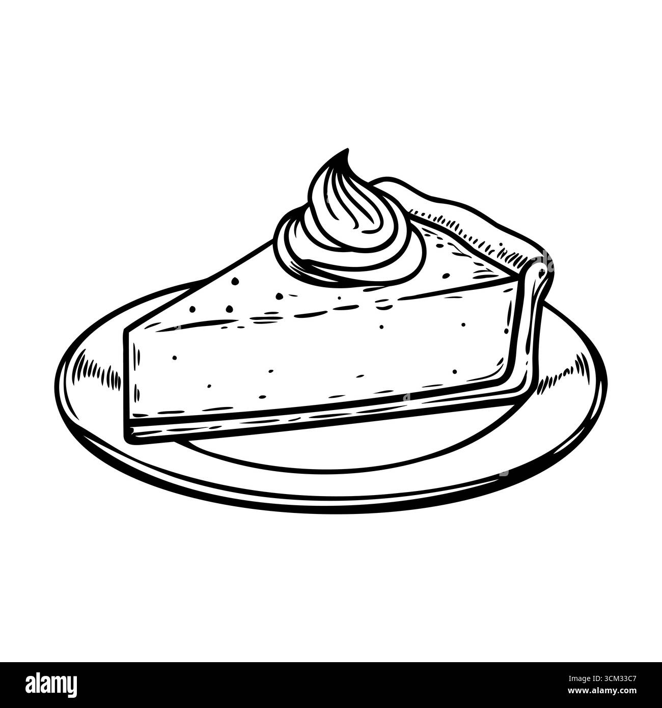 Ein Stück Käsekuchen auf einem Teller mit Schlagsahne darauf. Das Dessert ist cremig und hat eine glatte Textur, ideal für süße Liebhaber. Stock Vektor