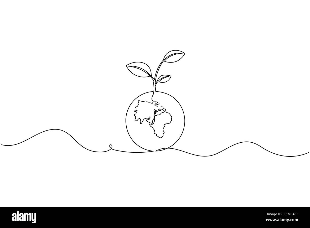 Kontinuierliche Linienzeichnung des Planeten Erde mit junger Pflanze für das ökologische Thema Stock Vektor