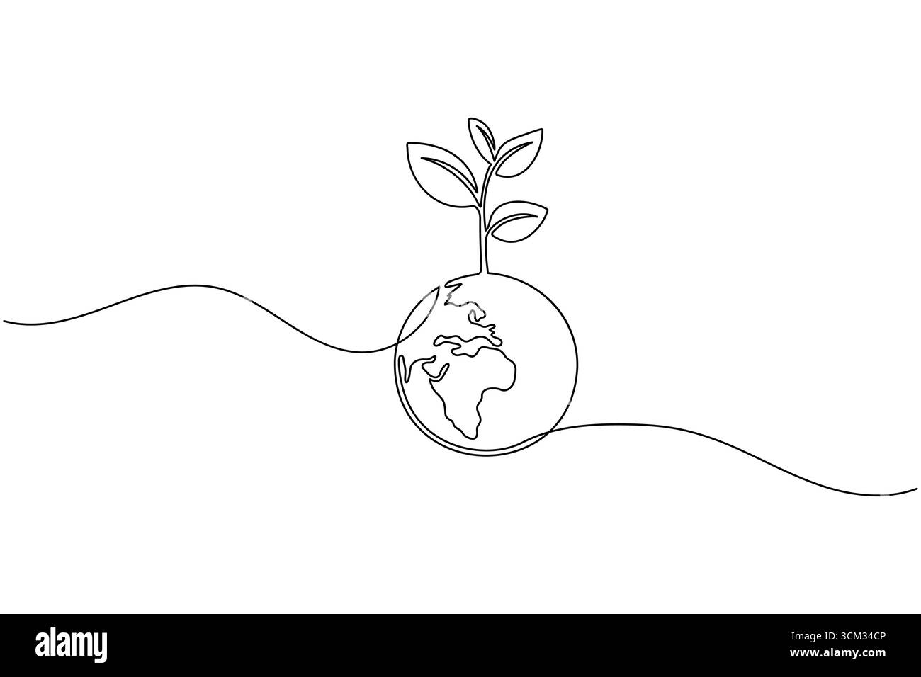 Kontinuierliche Linienzeichnung des Planeten Erde mit junger Pflanze für das ökologische Thema Stock Vektor