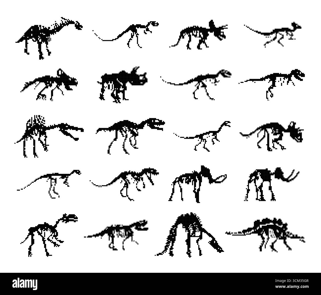 Legen Sie Silhouetten von Pixelskeletten fest, Dinosauriern. Stock Vektor