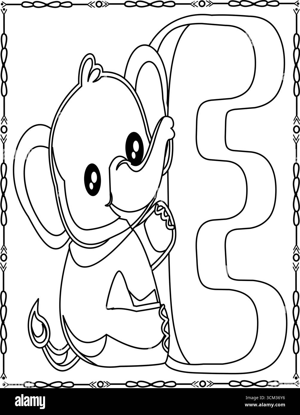 Niedlicher Elefant mit Malseite mit Alphabet E. Unterhaltsames Lernen für Kinder. Stock Vektor