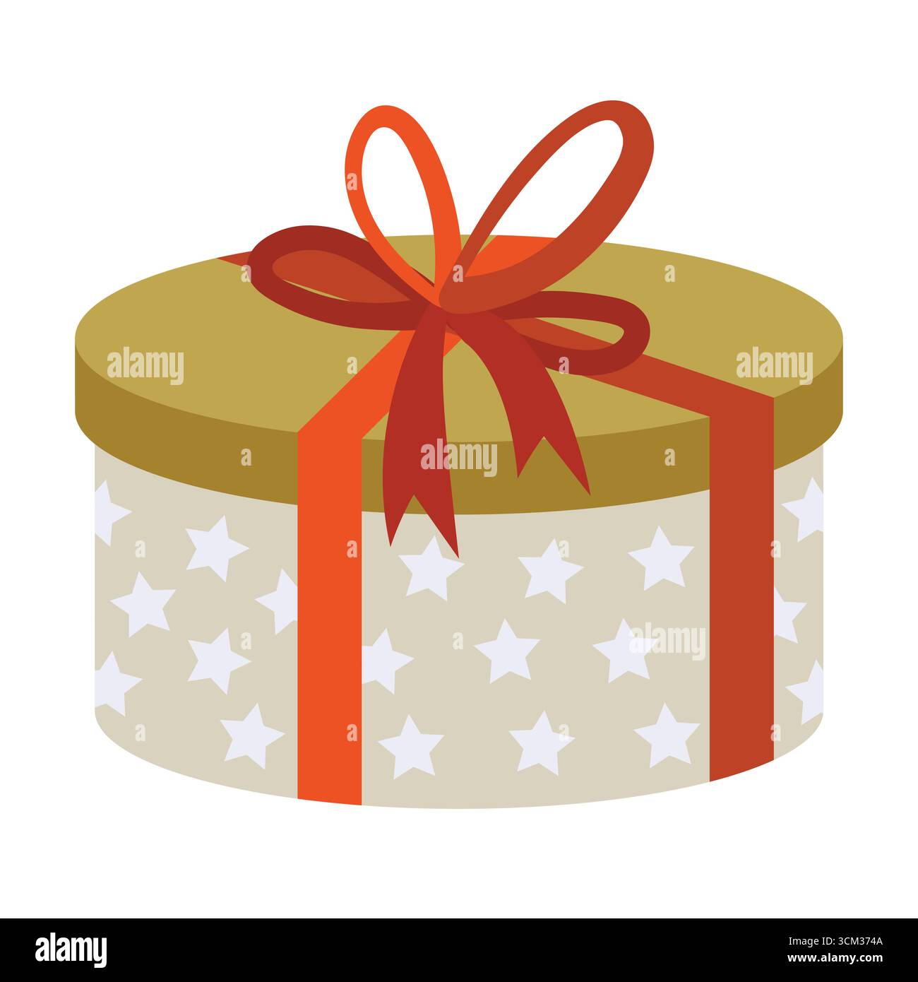 Flache runde Geschenkbox im Cartoon-Stil mit Sternenmuster, gebunden mit leuchtend rotem Band und Schleife. Niedliche bunte handgezeichnete Clipart für Weihnachten, Geburtstag, Urlaub Stock Vektor