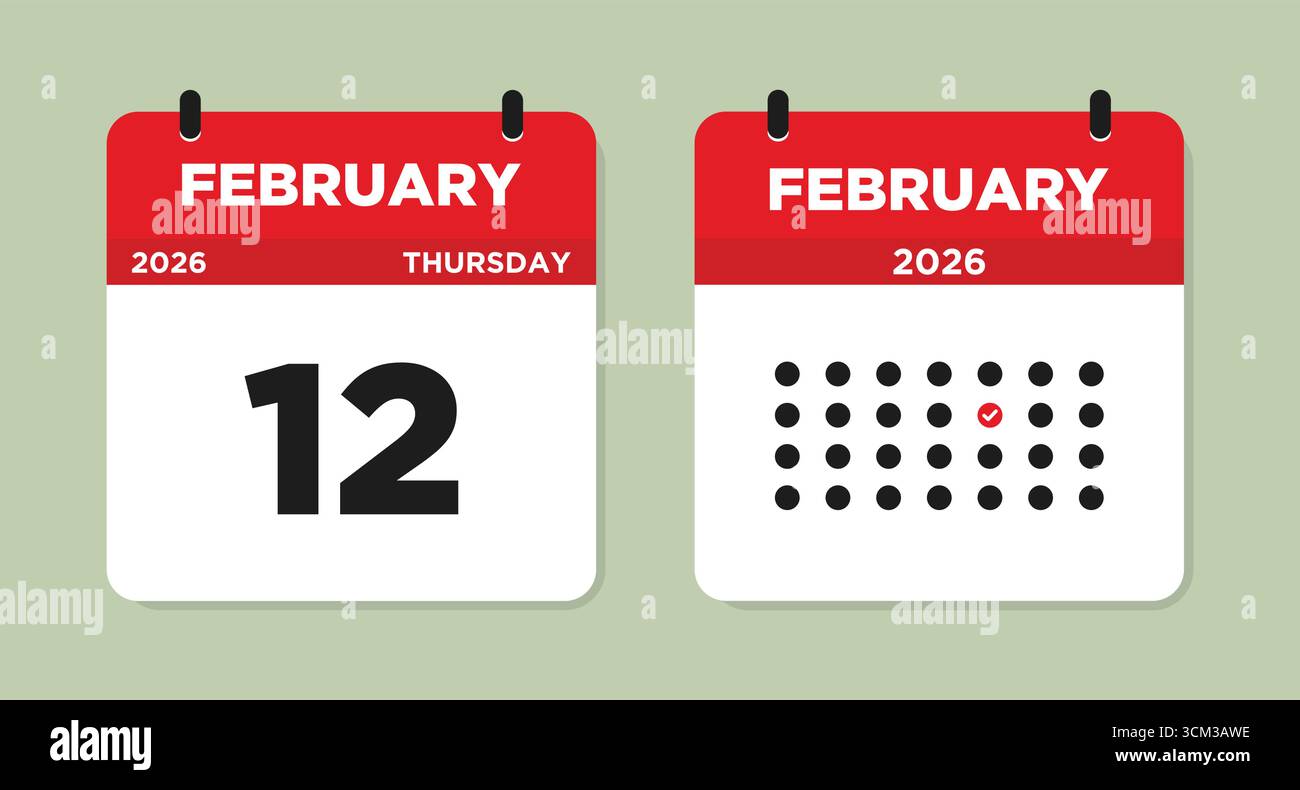 Februar 12 2026 Donnerstag Kalenderseite Vektor-Illustration. Kalenderseite für den 12. Februar. Die Woche beginnt am Sonntag. Abbildung der Ereigniserinnerung. Stock Vektor