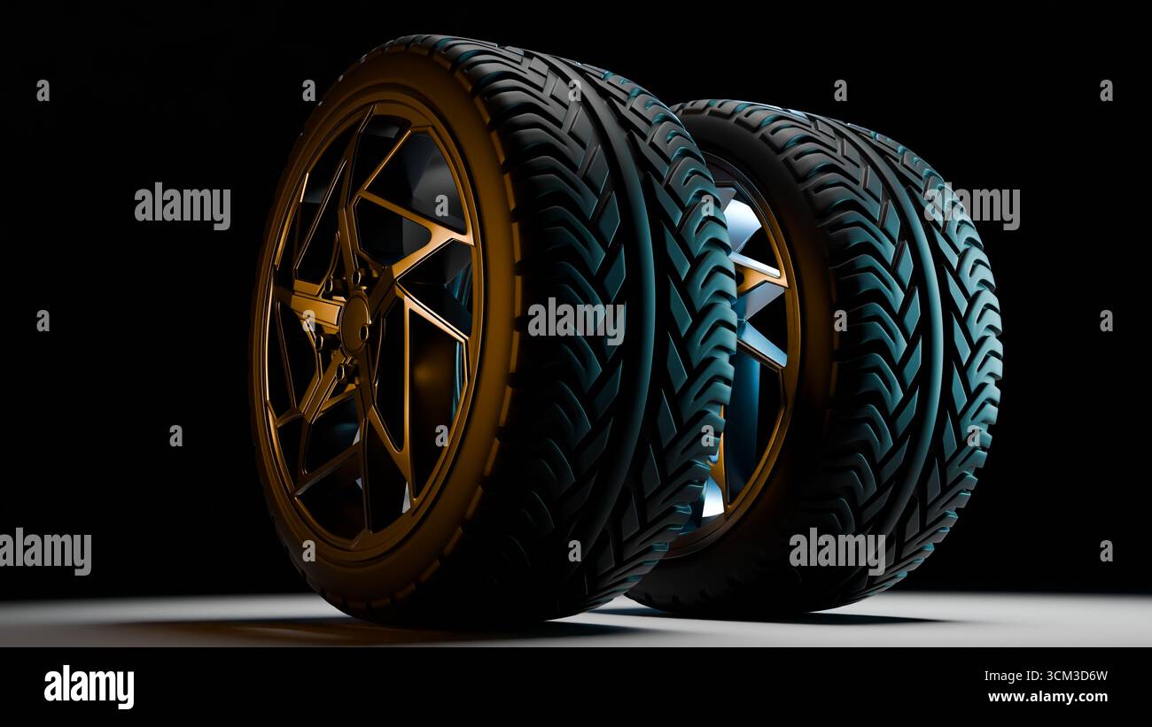 3D-Rendering von zwei aufrechten Autoreifen mit Alufelgen, die unter weicher Studiobeleuchtung angeordnet sind, detailgetreue Profilstruktur und hohe metallische Reflexionen Stockfoto