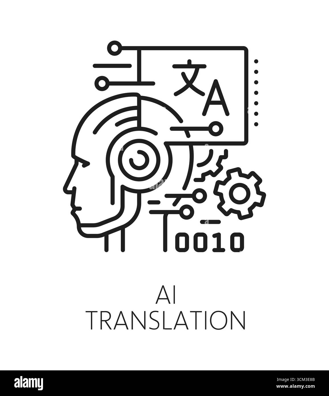 Symbol oder Zeichen für AI-Übersetzung in englischer Sprache. Lineares Vektorsymbol für Übersetzung, Piktogramm für Fremdsprachübersetzung. Vokabelsymbol in englischer Sprache mit künstlicher Intelligenz Roboter oder Roboterkopf Stock Vektor