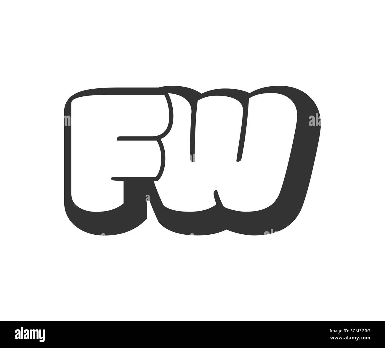 FW-Logo, Bubble-Comic-Schriftzug, abgerundet in schwarz-weißer Silhouette im Graffiti-Stil. Trendiger F- und W-Letter-Text für die Festivalparty, Person Stock Vektor