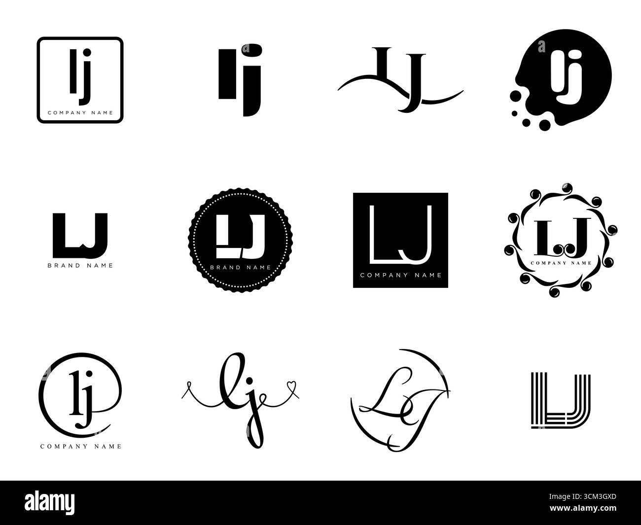 Firmenvorlage mit LJ-Logo. Buchstaben l und j. Setzen Sie mit Designelementen verschiedene klassische Serifenschriftarten und modernen, auffälligen Text. Anfängliche Schriftart Stock Vektor
