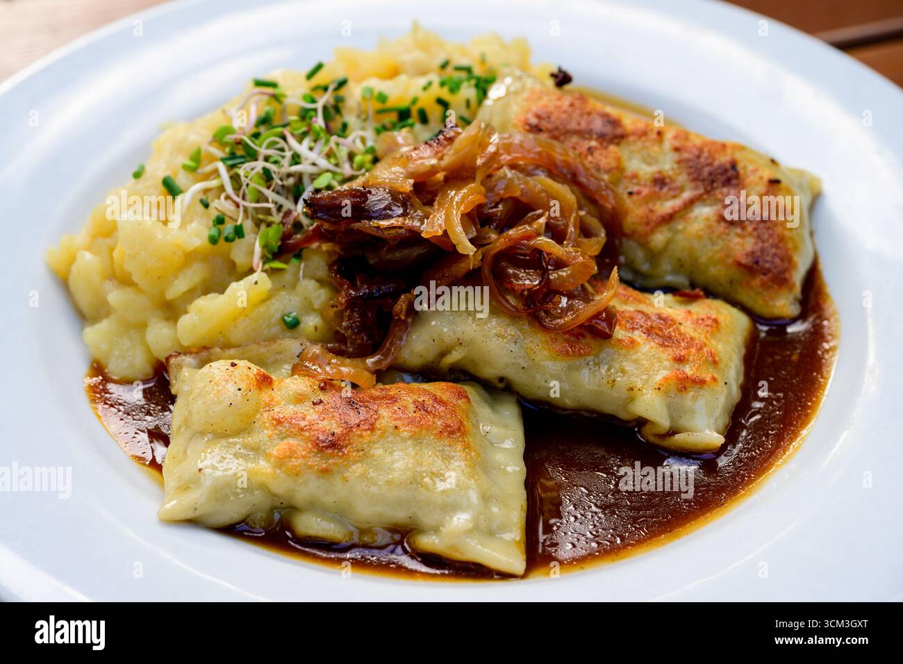 Maultaschen mit deutschen Fleischknödeln oder Pasta mit Soße und Kartoffelsalat Stockfoto