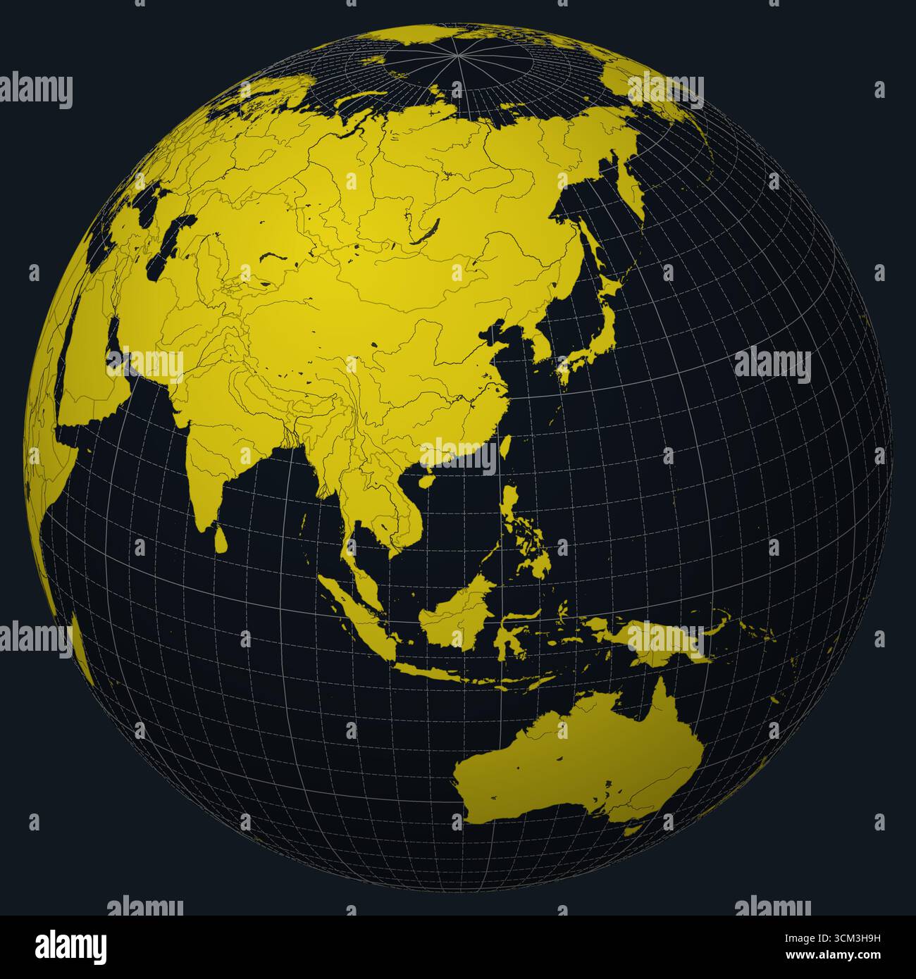 Hongkong auf Globe. Landansicht auf der Weltkarte in der Farbpalette Anthrazit Hellgelb. Hongkong-Form auf der Karte. Stock Vektor
