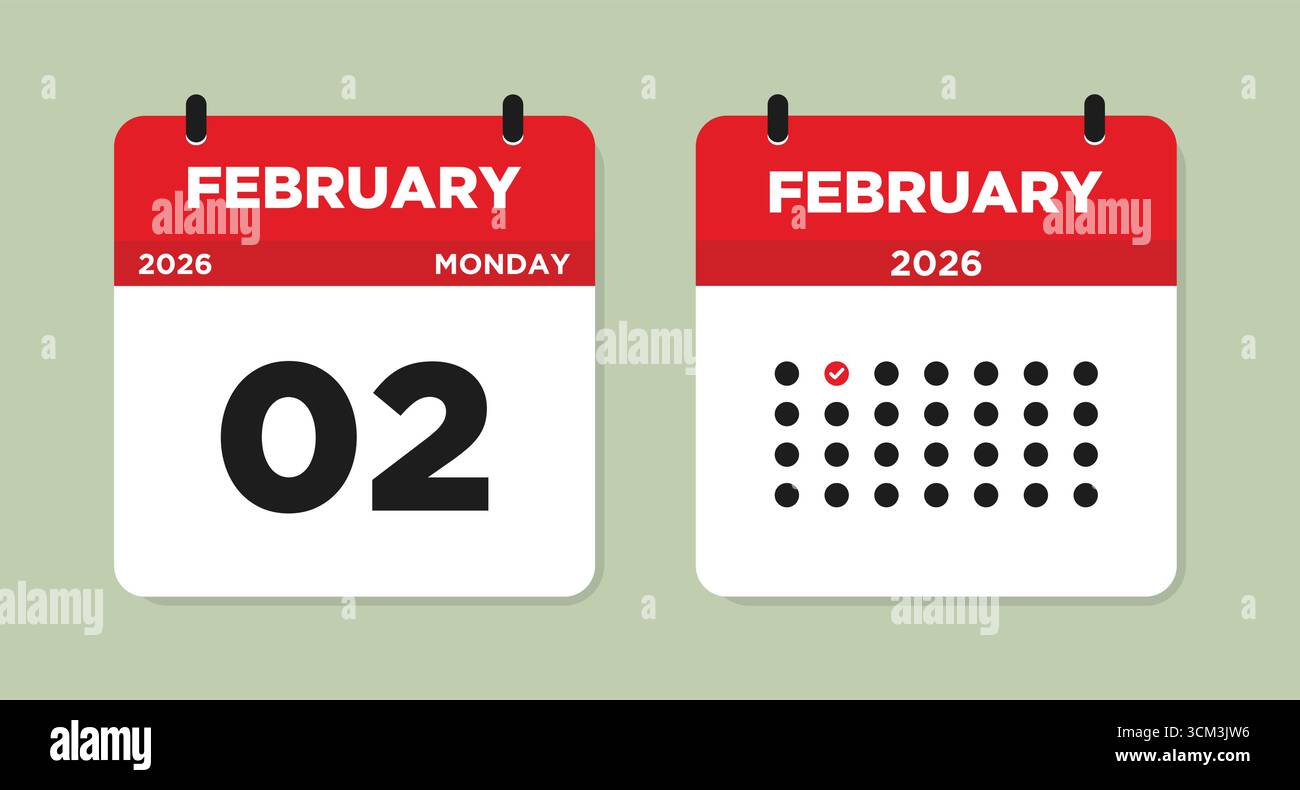 Februar 2026 Montag Kalenderseite Vektor-Illustration. Kalenderseite für 2. Februar. Tageskalender mit Datum 2. Februar. Monatsplaner Mit Flacher Konstruktion Stock Vektor