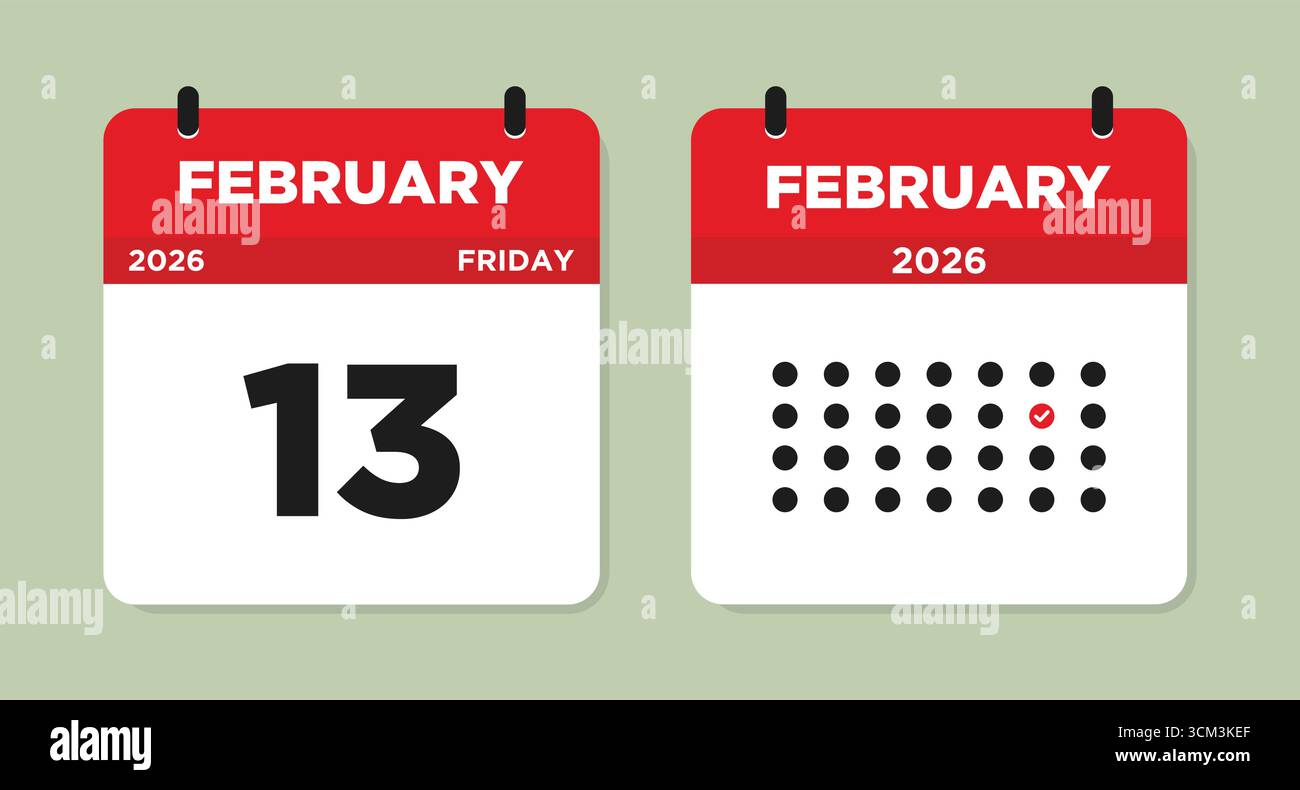 Februar 2026 Freitag Kalenderseite Vektor-Illustration. Tageskalender mit Datum Februar 13,13 Kalenderseite. Die Woche beginnt am Sonntag. Stock Vektor