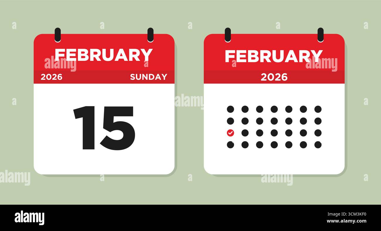 Februar 2026 Sonntagskalender Seite Vektor-Illustration. Kalenderseite 15. Februar. Checkliste Tageskalender. Vorlage Für Monatlichen Planer Für Flache Konstruktion. Stock Vektor