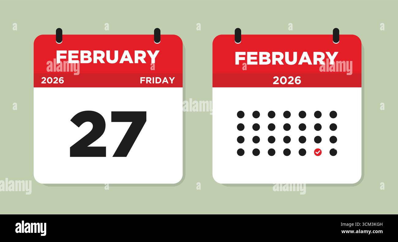 Februar 2026 Freitag Kalenderseite Vektor-Illustration. Tageskalender mit Datum 27. Februar. Die Woche beginnt am Sonntag. Modernes, flaches Design, Kalendersymbol Stock Vektor
