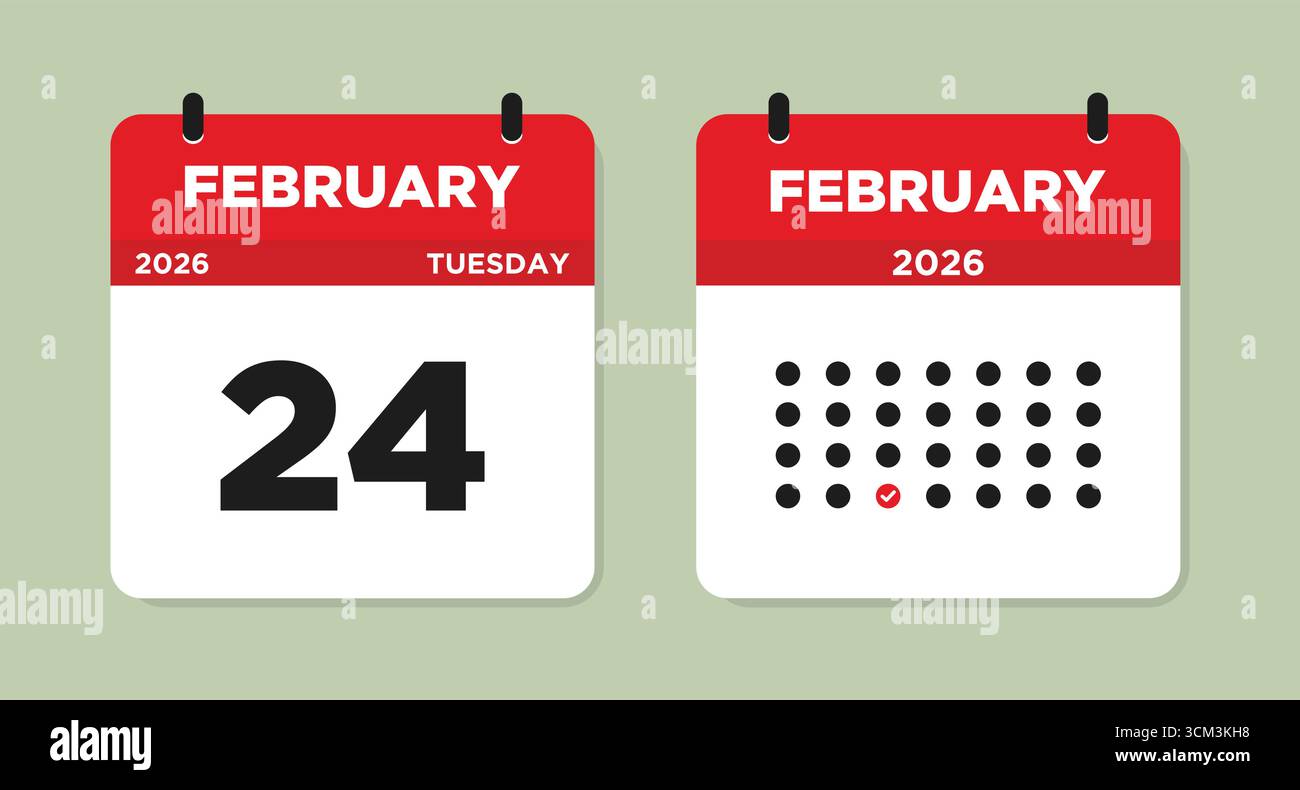 Februar 24 2026 Dienstag Kalenderseite Vektor-Illustration. Kalenderseite für 24. Februar. Tageskalender mit Datum 24. Februar. Abbildung der Ereigniserinnerung Stock Vektor