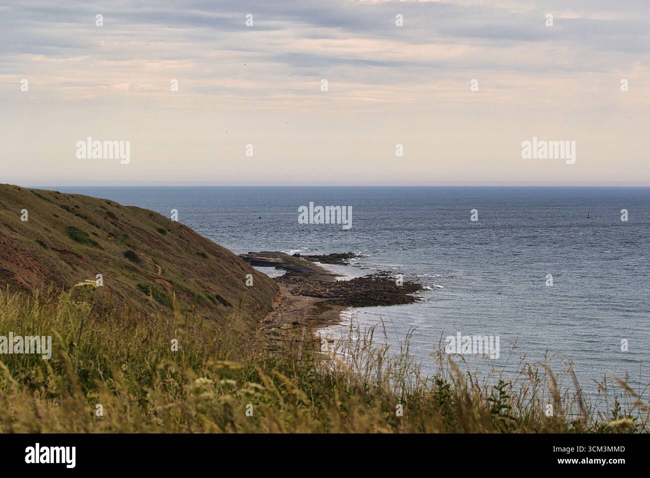 Blick auf die Küste mit einem grasbewachsenen Hügel, felsiger Küste und offenem Meer unter einem bewölkten Himmel. Vorherrschende Farben sind Grün, Blau, Braun und Grau Stockfoto