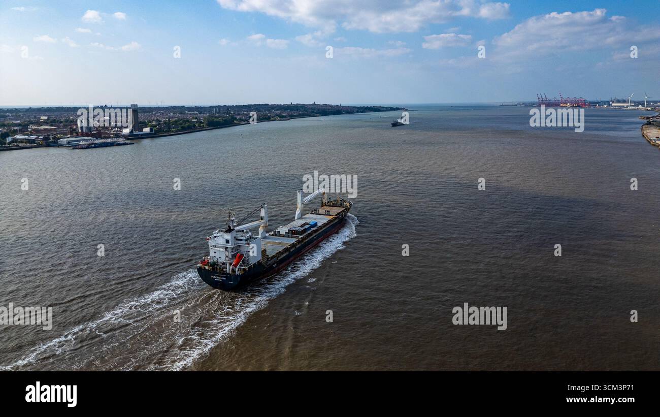 Ein großes Frachtschiff segelt auf einem breiten, trüben Gewässer und hinterlässt eine weiße Spur. Eine städtische Küste mit Gebäuden säumt auf der linken Seite, mit entferntem Por Stockfoto