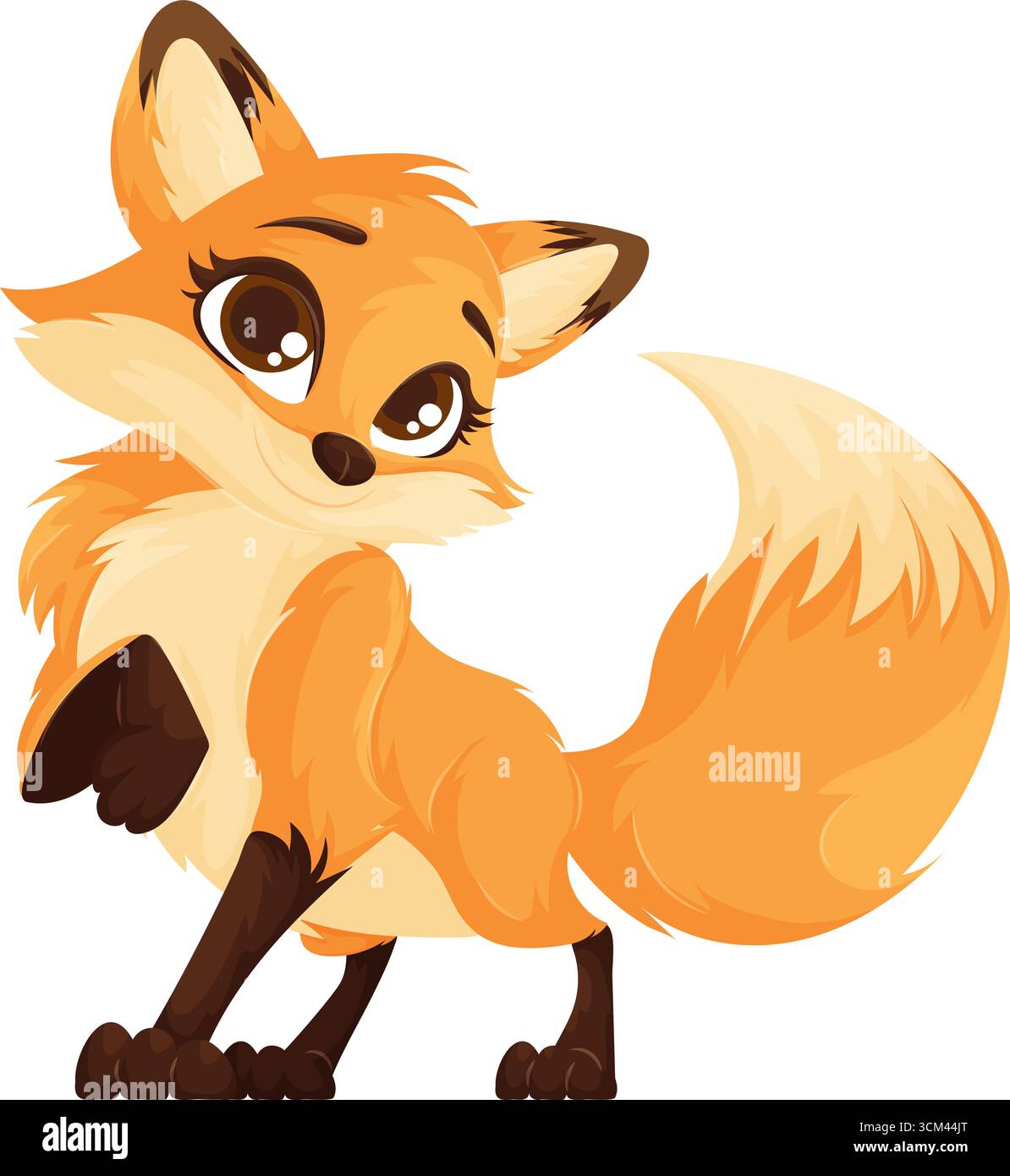 Eine Illustration im Animationsstil zeigt einen Comic Fuchs mit hellen, ausdrucksstarken Augen und einem flauschigen Schwanz Orange und Braun sind die vorherrschenden Farben. Stock Vektor