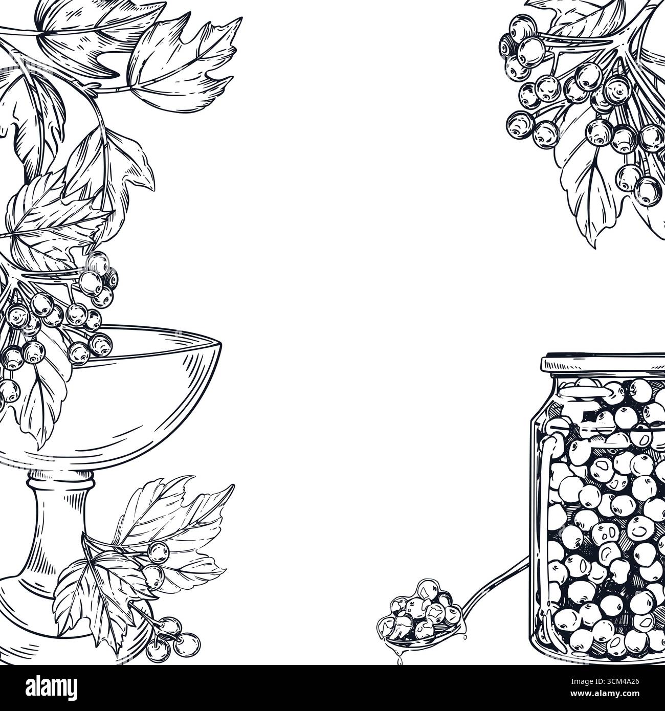 Ein quadratischer Rahmen aus Beeren und Viburnum-Blättern, ein Glas Marmelade mit Viburnum, ein Löffel mit Marmelade und eine Schüssel für Marmelade. Alle Objekte werden mit Tinte handgezeichnet Stock Vektor