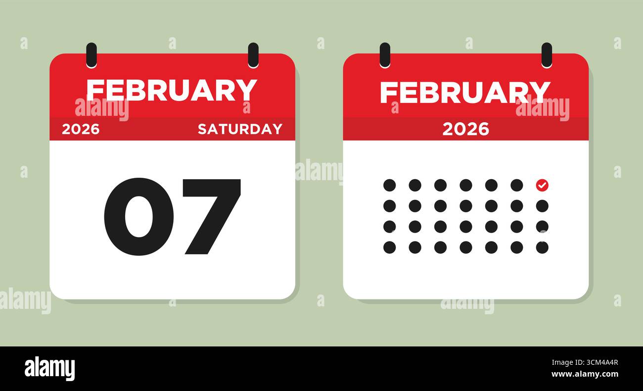 Februar 2026 Samstag Kalenderseite Vektor-Illustration. Kalenderseite vom 7. Februar. Symbol für Moderne Kalendervorlage. Die Woche beginnt am Sonntag. Stock Vektor