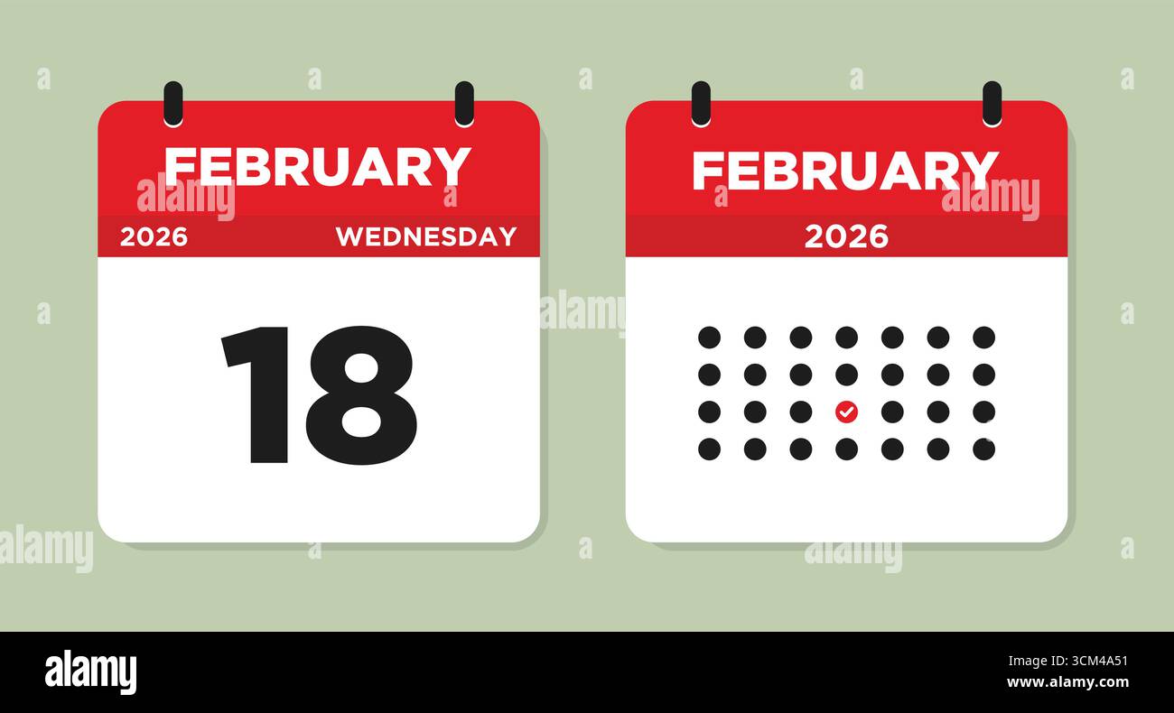 Kalenderseite vom 18. Februar. Februar 18 2026 Mittwoch Kalenderseite Vektor-Illustration. Vorlage Für Monatlichen Planer Für Flache Konstruktion. Die Woche beginnt am Sonntag. Stock Vektor