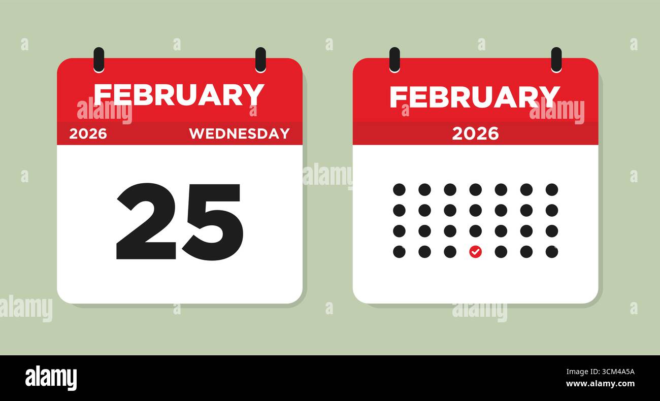 Februar 2026 Mittwoch Kalenderseite Vektor-Illustration. Kalenderseite vom 25. Februar. Tageskalender mit Datum 25. Februar. Die Woche beginnt am Sonntag. Stock Vektor